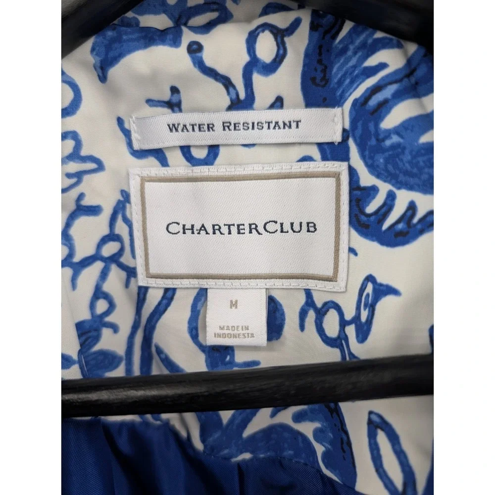 Charter Club Blue Floral Water Resistant Anorak Rain Coat Women's Size‎ M Hooded